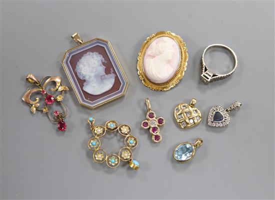 A cameo brooch, a 15ct turquoise and seed pearl pendant, six other pendants and an 18ct white gold ring